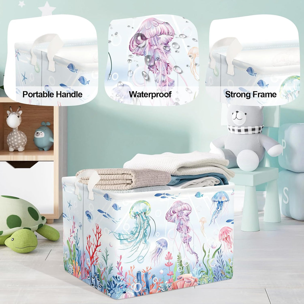 Ocean Animals Baby Laundry Hamper Collapsible Clothes Kids Storage Basket Large Boys Girls Gift Toy Box Bin for Nursery Room, Sea Turtle, 63L