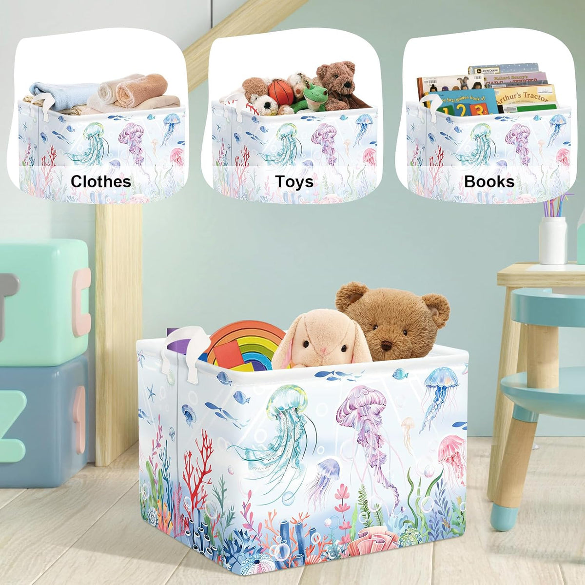 Ocean Animals Baby Laundry Hamper Collapsible Clothes Kids Storage Basket Large Boys Girls Gift Toy Box Bin for Nursery Room, Sea Turtle, 63L