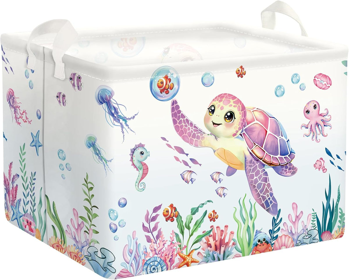 Ocean Animals Baby Laundry Hamper Collapsible Clothes Kids Storage Basket Large Boys Girls Gift Toy Box Bin for Nursery Room, Sea Turtle, 63L