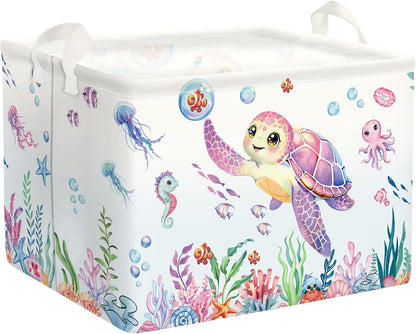 Ocean Animals Baby Laundry Hamper Collapsible Clothes Kids Storage Basket Large Boys Girls Gift Toy Box Bin for Nursery Room, Sea Turtle, 63L