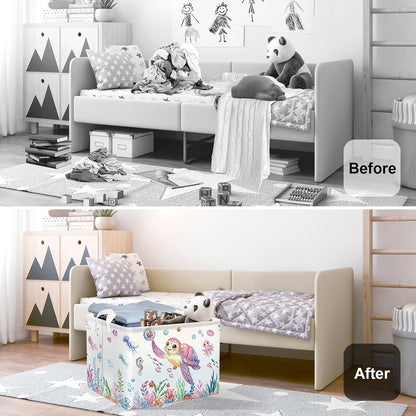 Ocean Animals Baby Laundry Hamper Collapsible Clothes Kids Storage Basket Large Boys Girls Gift Toy Box Bin for Nursery Room, Sea Turtle, 63L