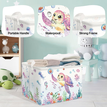 Ocean Animals Baby Laundry Hamper Collapsible Clothes Kids Storage Basket Large Boys Girls Gift Toy Box Bin for Nursery Room, Sea Turtle, 63L