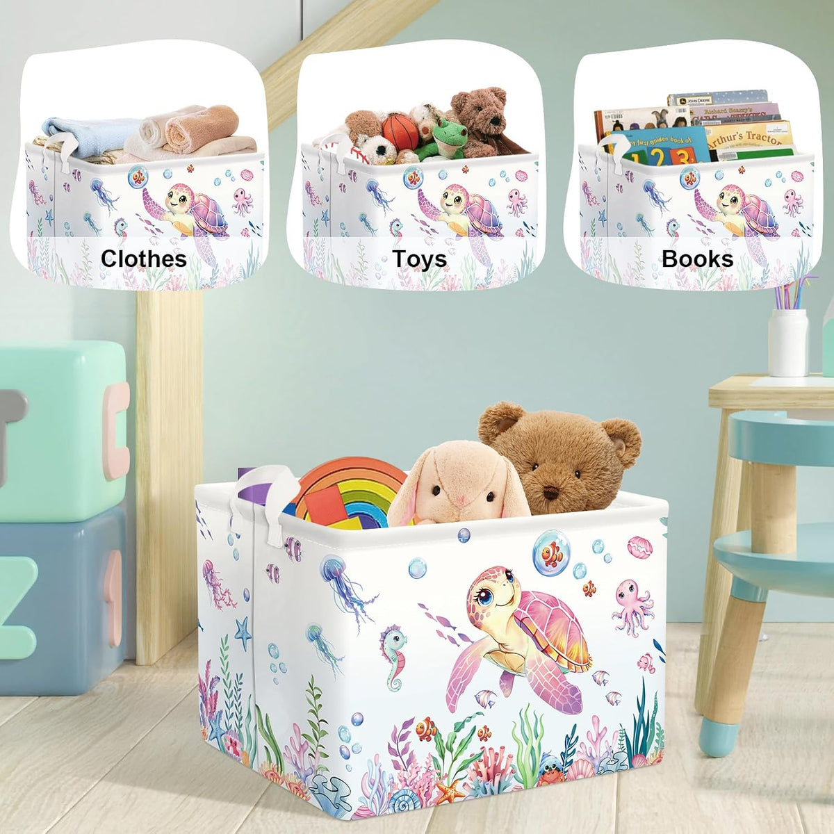 Ocean Animals Baby Laundry Hamper Collapsible Clothes Kids Storage Basket Large Boys Girls Gift Toy Box Bin for Nursery Room, Sea Turtle, 63L