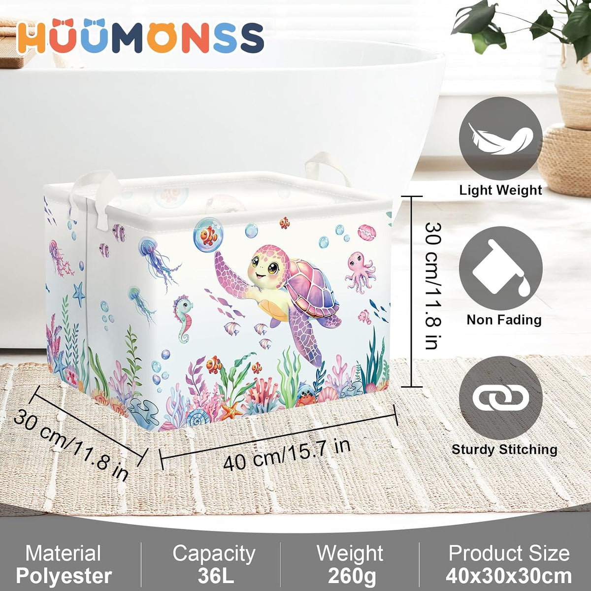 Ocean Animals Baby Laundry Hamper Collapsible Clothes Kids Storage Basket Large Boys Girls Gift Toy Box Bin for Nursery Room, Sea Turtle, 63L