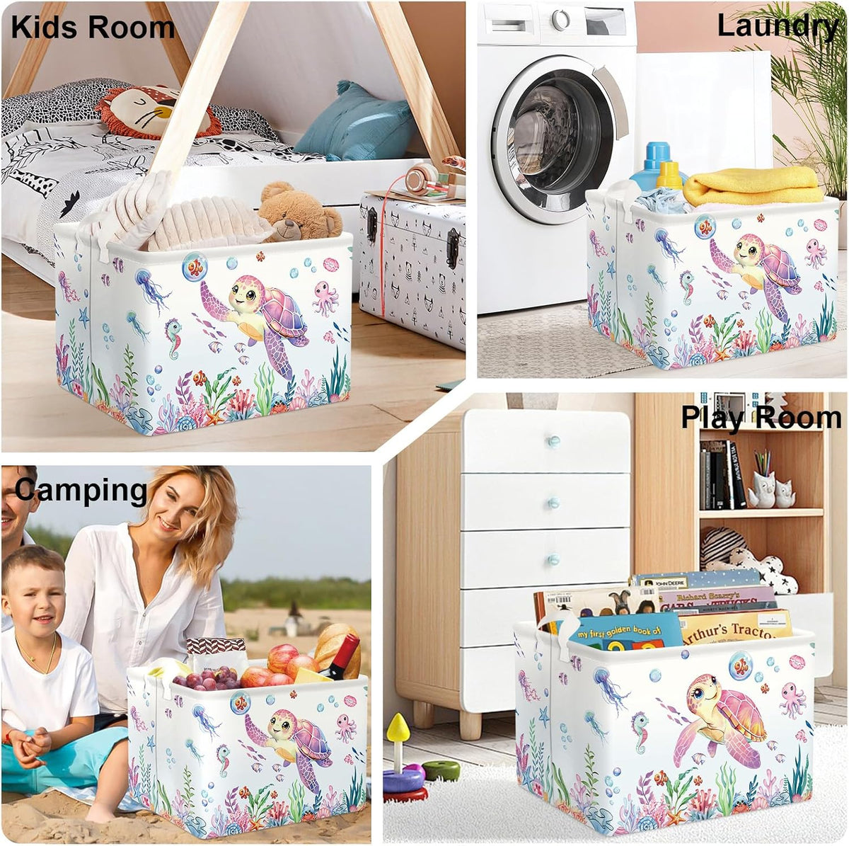 Ocean Animals Baby Laundry Hamper Collapsible Clothes Kids Storage Basket Large Boys Girls Gift Toy Box Bin for Nursery Room, Sea Turtle, 63L
