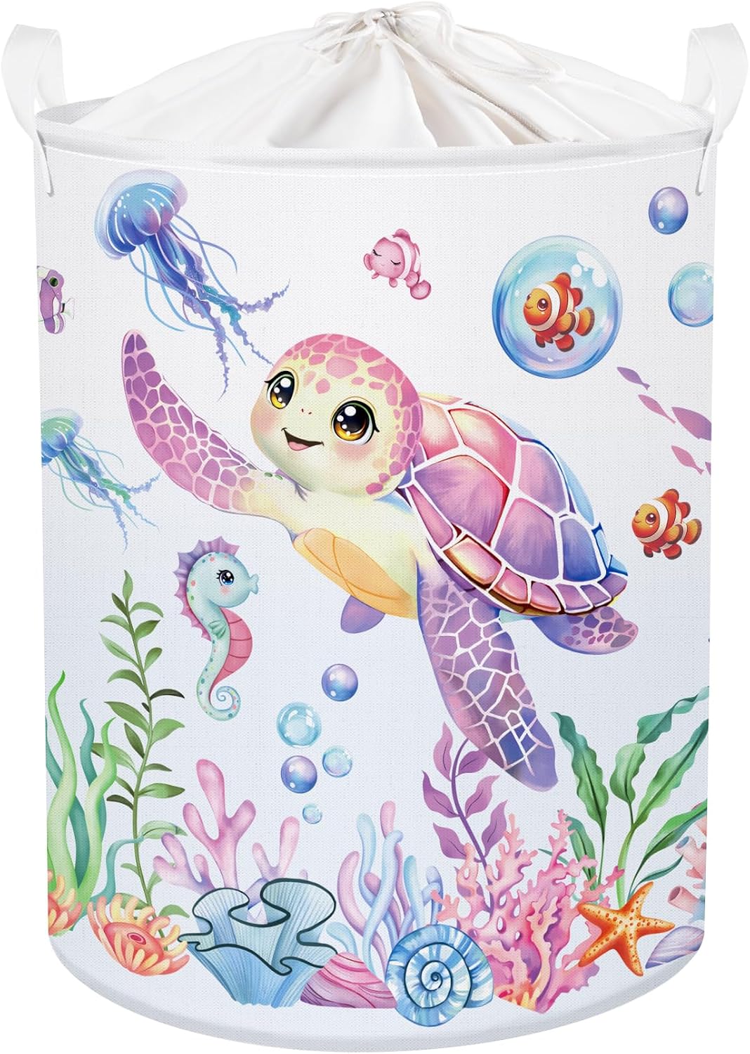 Ocean Animals Baby Laundry Hamper Collapsible Clothes Kids Storage Basket Large Boys Girls Gift Toy Box Bin for Nursery Room, Sea Turtle, 63L
