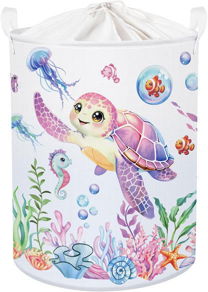 Ocean Animals Baby Laundry Hamper Collapsible Clothes Kids Storage Basket Large Boys Girls Gift Toy Box Bin for Nursery Room, Sea Turtle, 63L