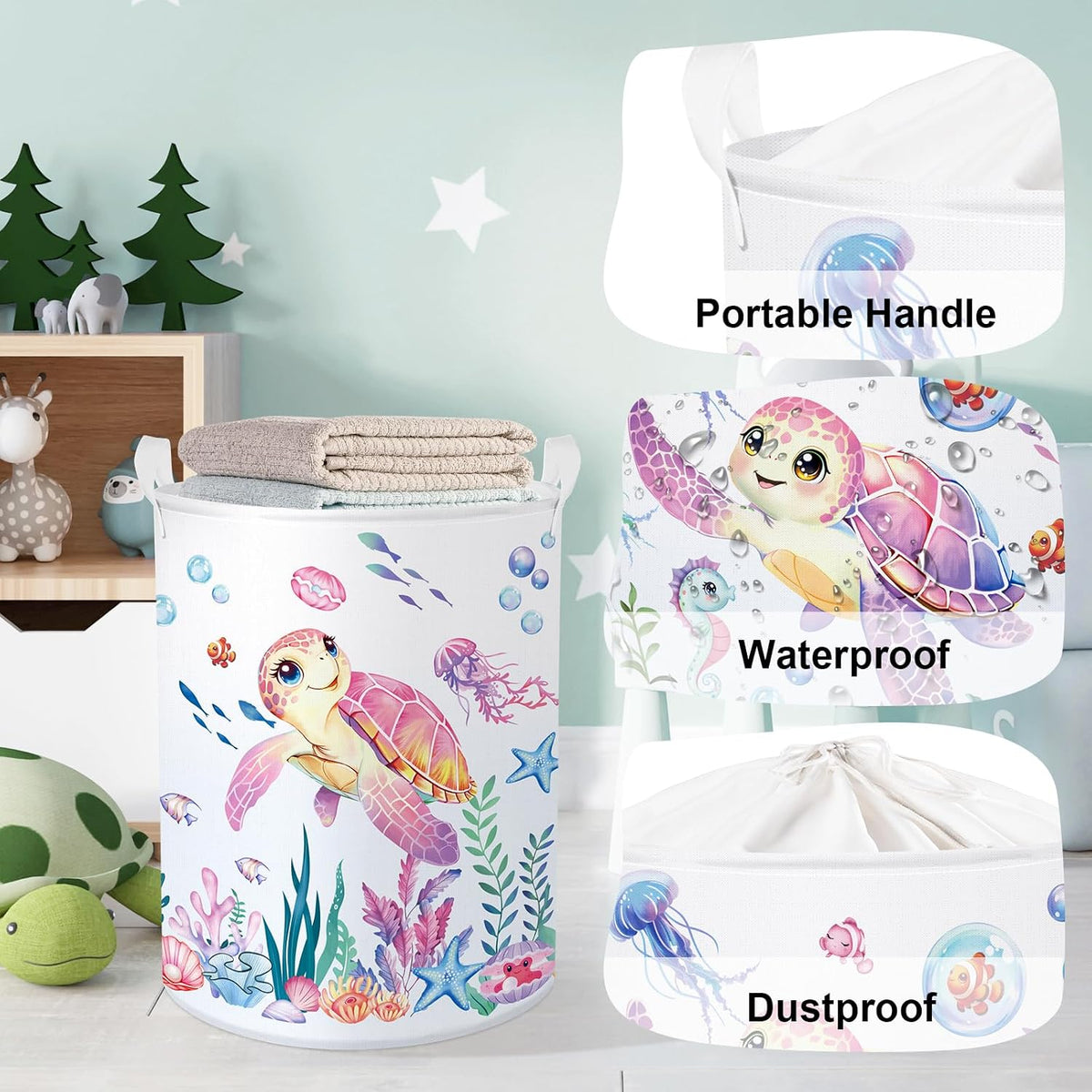 Ocean Animals Baby Laundry Hamper Collapsible Clothes Kids Storage Basket Large Boys Girls Gift Toy Box Bin for Nursery Room, Sea Turtle, 63L