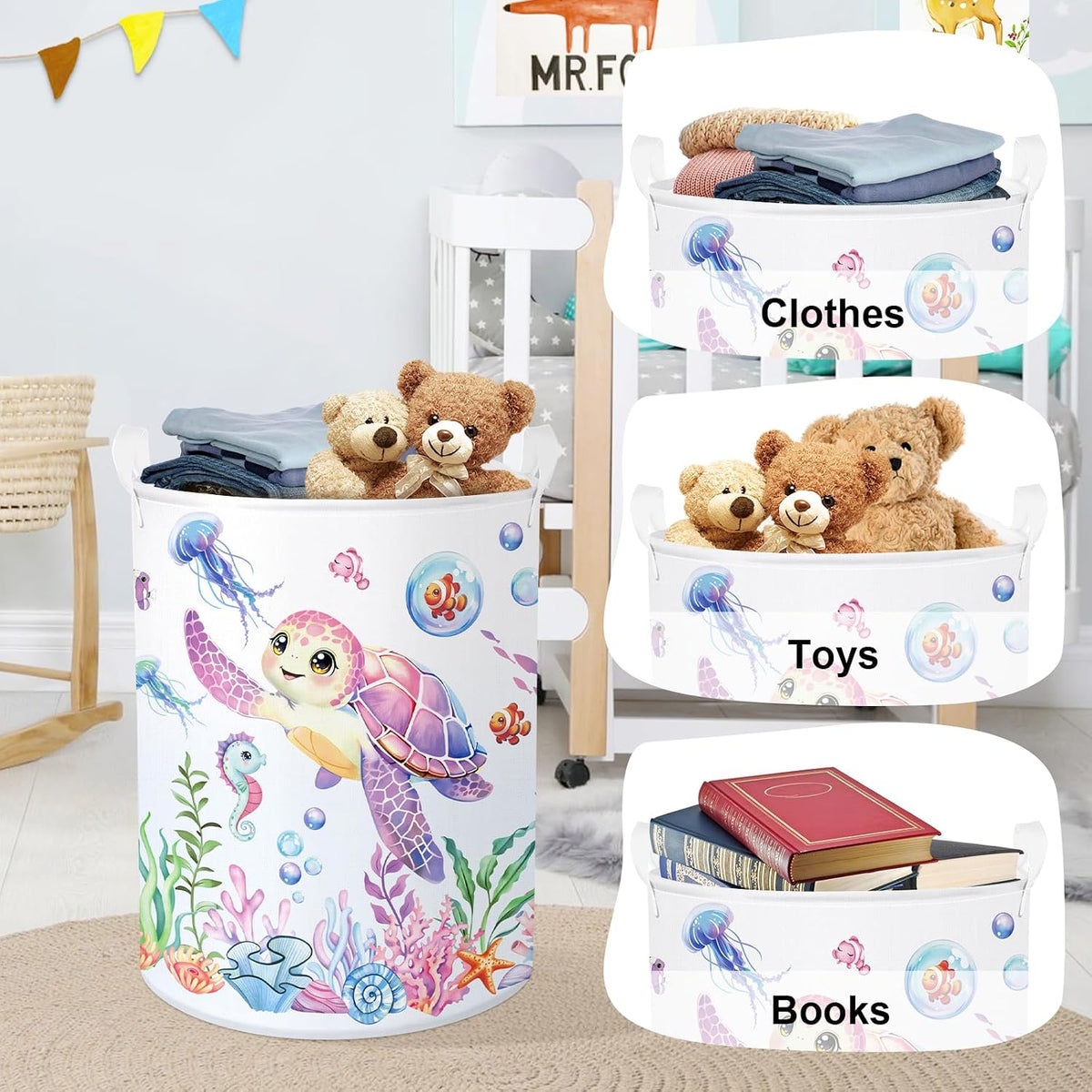 Ocean Animals Baby Laundry Hamper Collapsible Clothes Kids Storage Basket Large Boys Girls Gift Toy Box Bin for Nursery Room, Sea Turtle, 63L