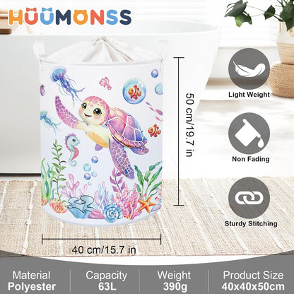 Ocean Animals Baby Laundry Hamper Collapsible Clothes Kids Storage Basket Large Boys Girls Gift Toy Box Bin for Nursery Room, Sea Turtle, 63L