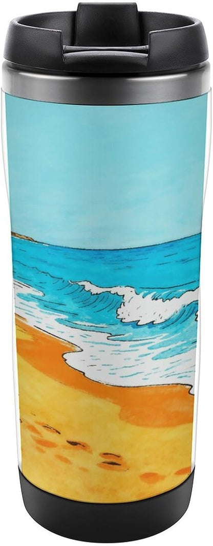 13oz Insulated Travel Coffee Mug Reusable Coffee Cup Water Bottle | Ocean Beach Travel Mug with Leak Proof Lid Double Wall Stainless Steel Coffee Tumbler Personalized Gift