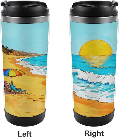 13oz Insulated Travel Coffee Mug Reusable Coffee Cup Water Bottle | Ocean Beach Travel Mug with Leak Proof Lid Double Wall Stainless Steel Coffee Tumbler Personalized Gift