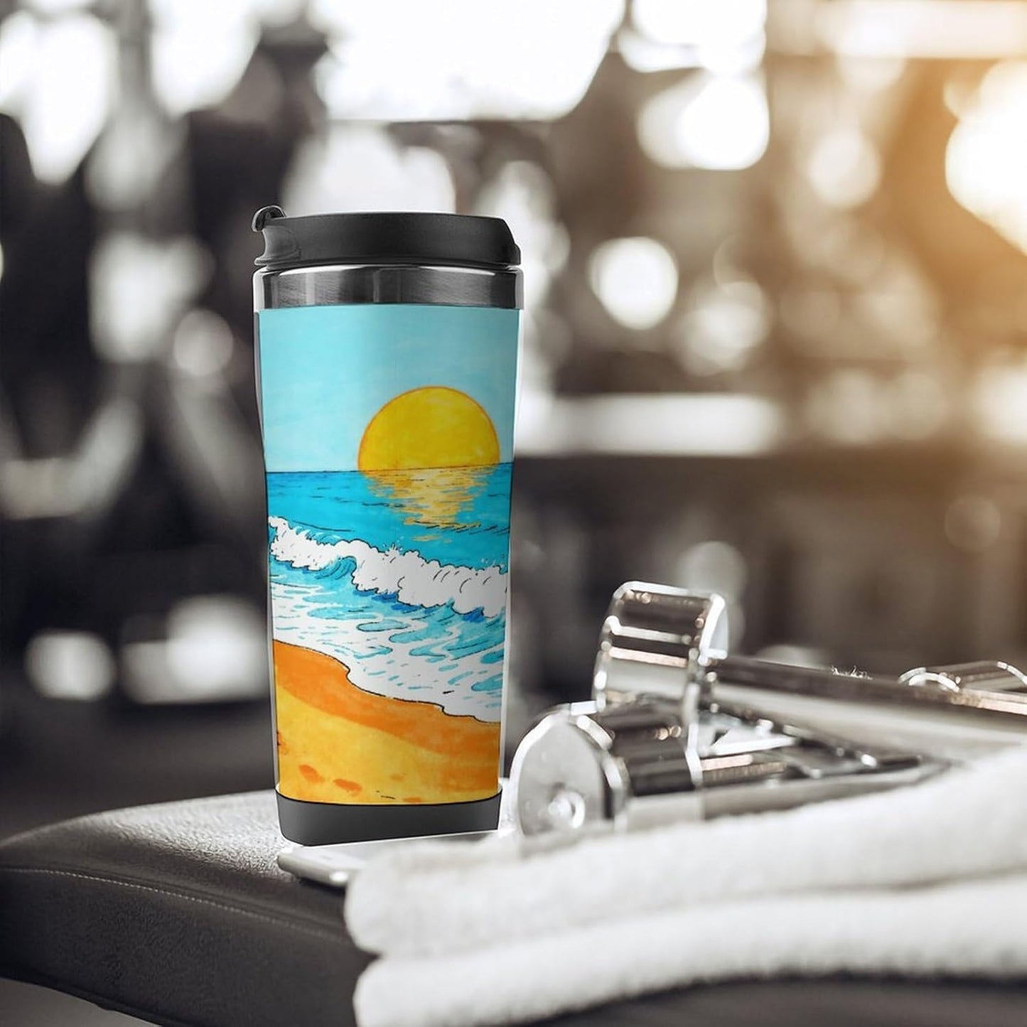 13oz Insulated Travel Coffee Mug Reusable Coffee Cup Water Bottle | Ocean Beach Travel Mug with Leak Proof Lid Double Wall Stainless Steel Coffee Tumbler Personalized Gift
