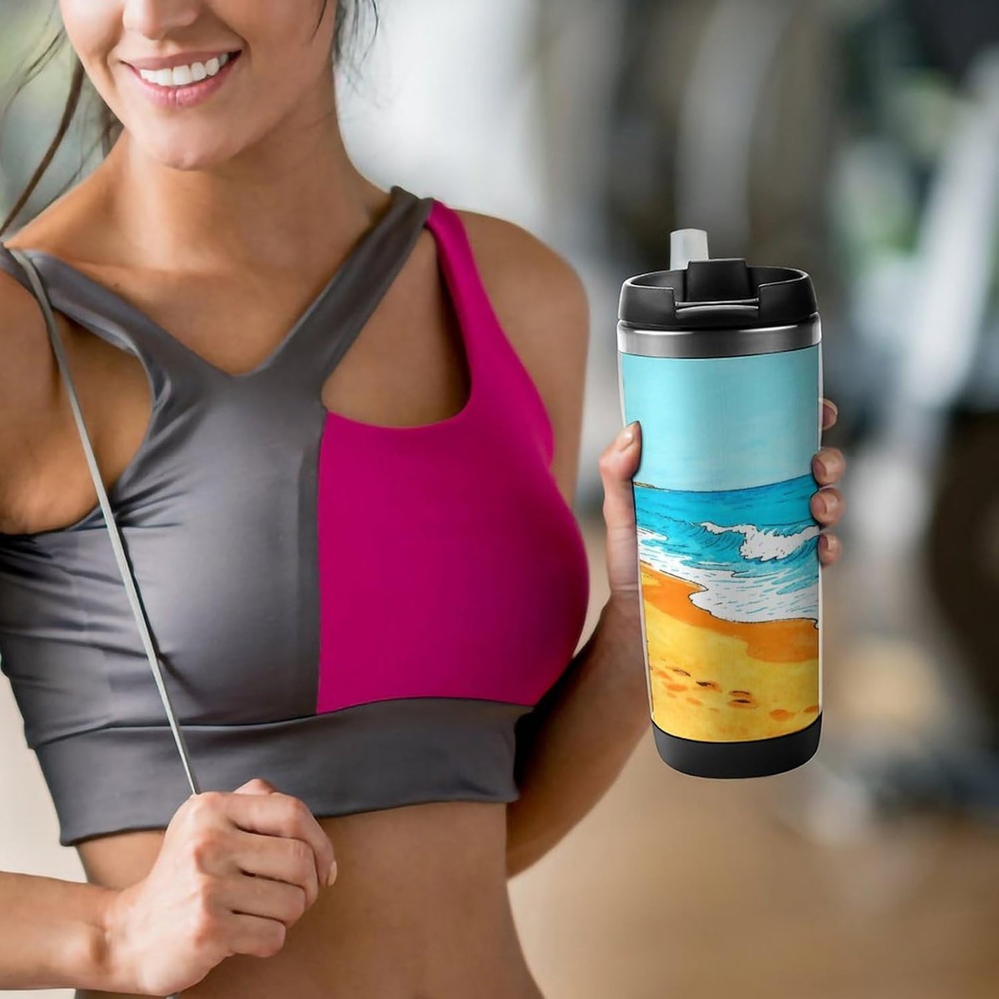 13oz Insulated Travel Coffee Mug Reusable Coffee Cup Water Bottle | Ocean Beach Travel Mug with Leak Proof Lid Double Wall Stainless Steel Coffee Tumbler Personalized Gift