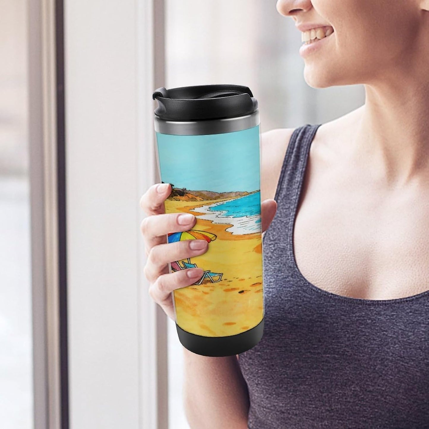 13oz Insulated Travel Coffee Mug Reusable Coffee Cup Water Bottle | Ocean Beach Travel Mug with Leak Proof Lid Double Wall Stainless Steel Coffee Tumbler Personalized Gift