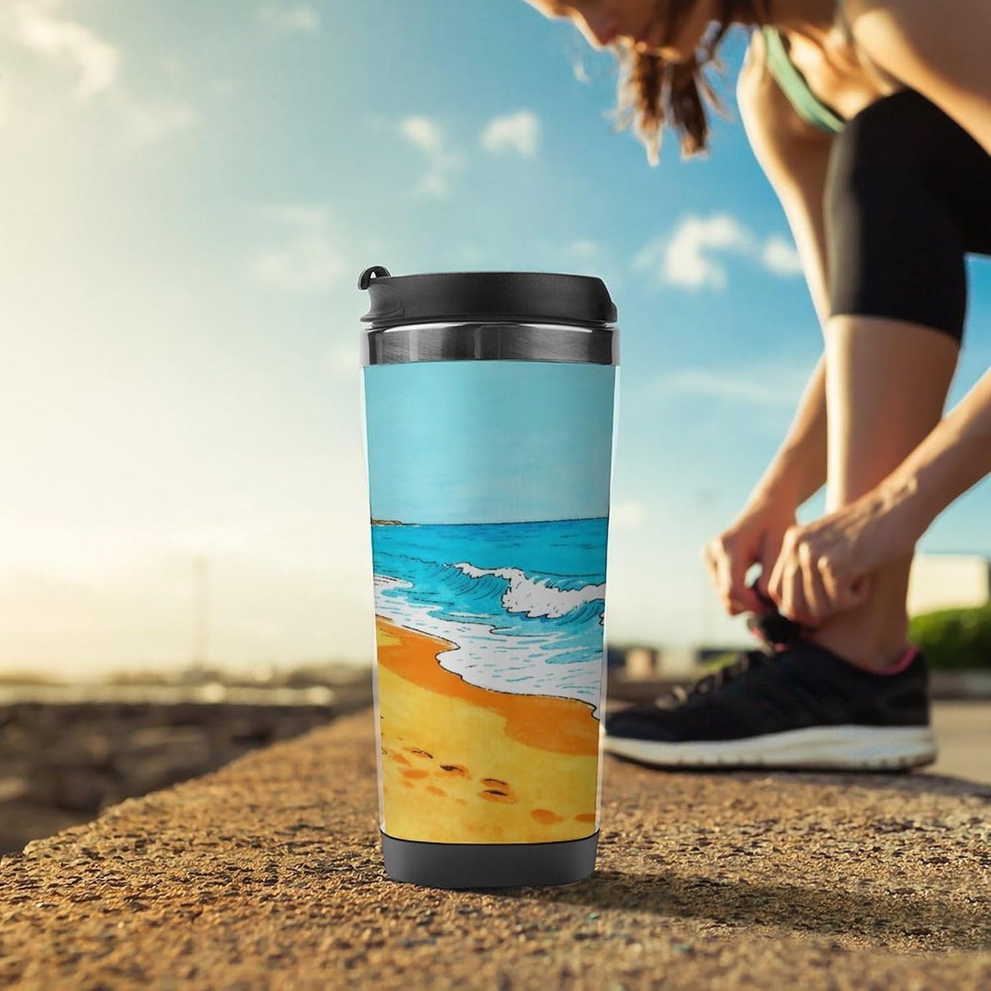 13oz Insulated Travel Coffee Mug Reusable Coffee Cup Water Bottle | Ocean Beach Travel Mug with Leak Proof Lid Double Wall Stainless Steel Coffee Tumbler Personalized Gift