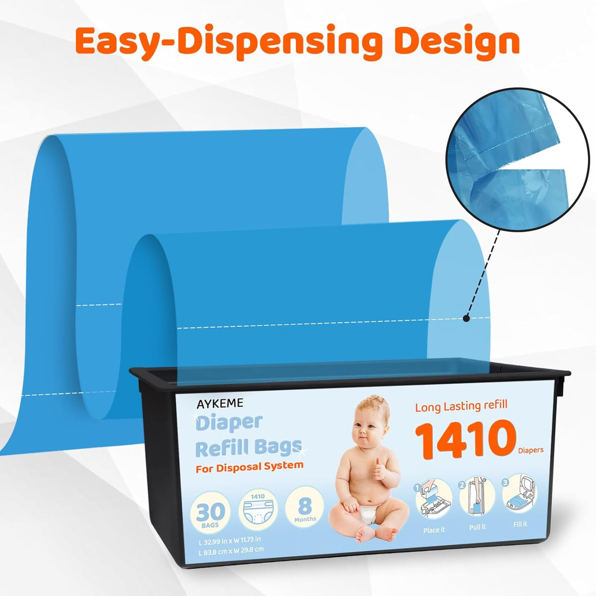 90 Bags Diaper Pail Refills Bags Compatible with Genie Easy Roll Signature & Platinum Diaper Pails | 7-Layer OdorLock Technology | Up to 10 Months Use,3 Pack