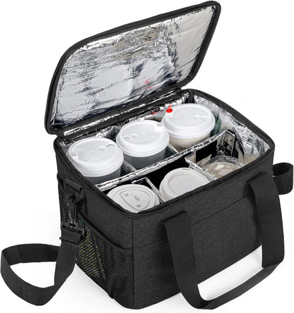 8-Cup Drink Carrier for Delivery Insulated Tote Bag, Black | Adjustable Dividers, Handle & Shoulder Strap,Reusable for Beverages,Food Take Out,Outdoors