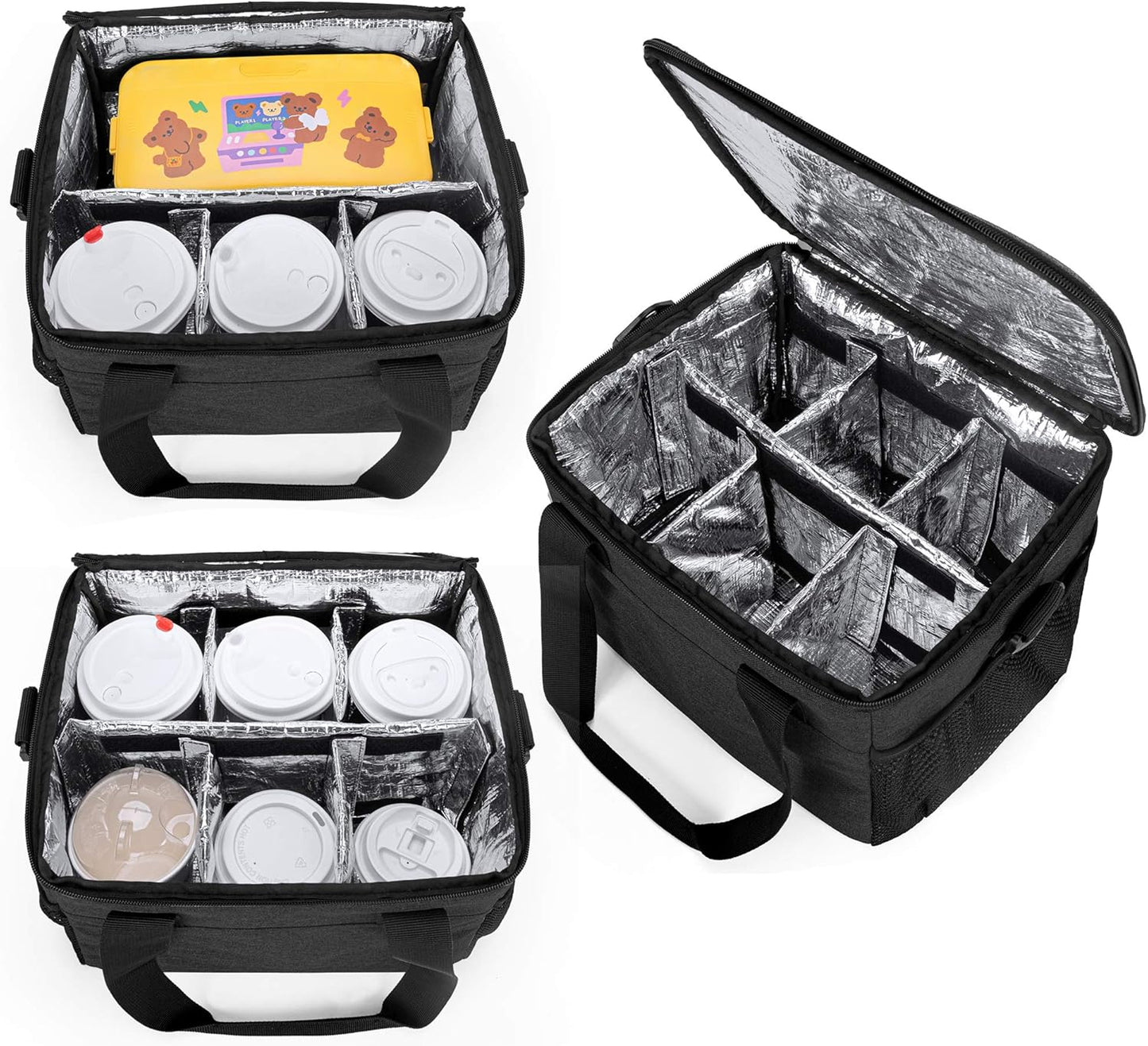 8-Cup Drink Carrier for Delivery Insulated Tote Bag, Black | Adjustable Dividers, Handle & Shoulder Strap,Reusable for Beverages,Food Take Out,Outdoors