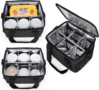 8-Cup Drink Carrier for Delivery Insulated Tote Bag, Black | Adjustable Dividers, Handle & Shoulder Strap,Reusable for Beverages,Food Take Out,Outdoors
