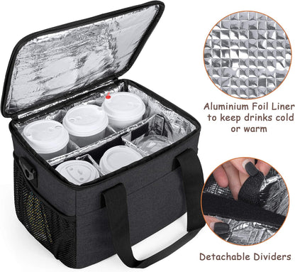 8-Cup Drink Carrier for Delivery Insulated Tote Bag, Black | Adjustable Dividers, Handle & Shoulder Strap,Reusable for Beverages,Food Take Out,Outdoors