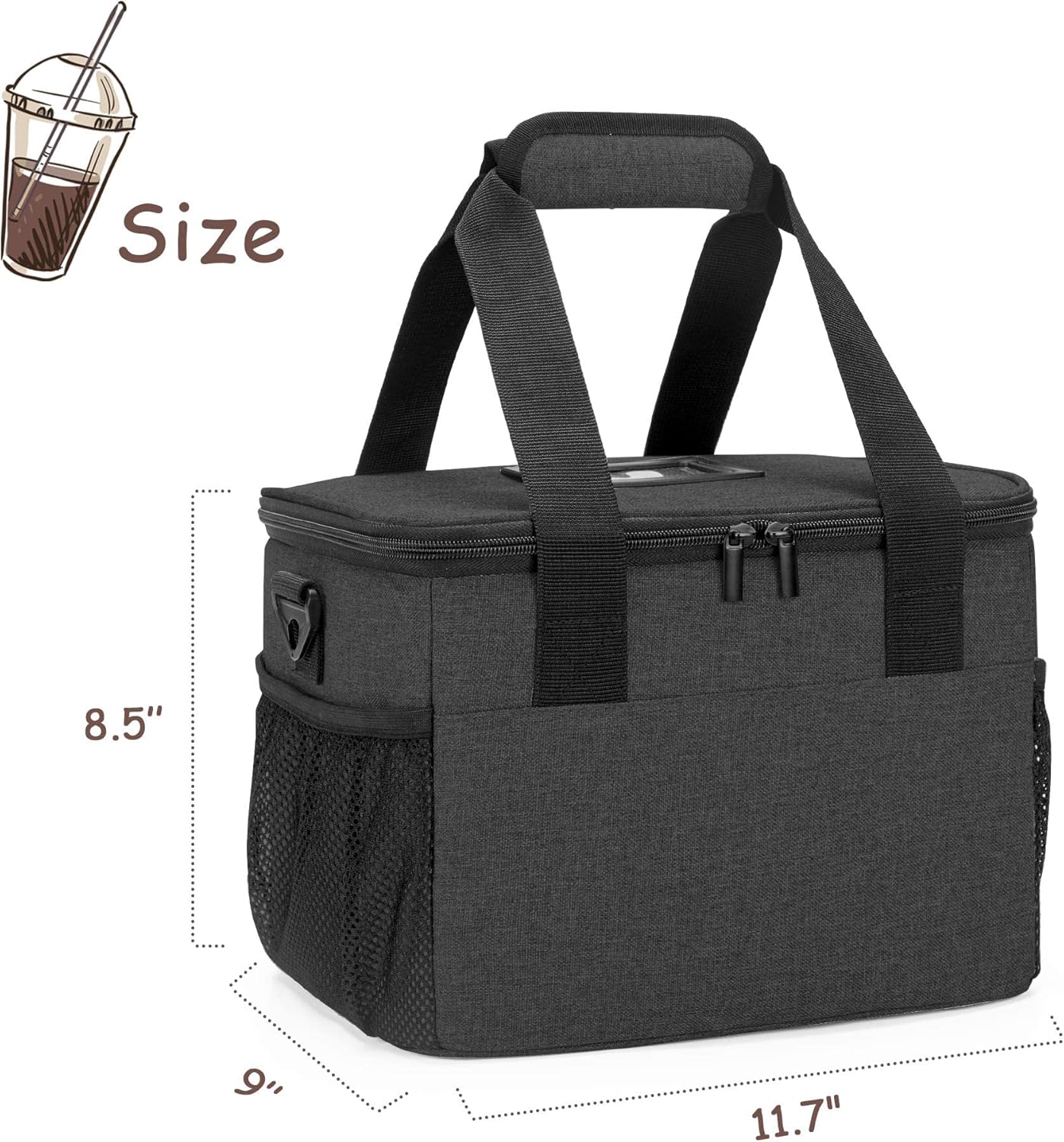 8-Cup Drink Carrier for Delivery Insulated Tote Bag, Black | Adjustable Dividers, Handle & Shoulder Strap,Reusable for Beverages,Food Take Out,Outdoors