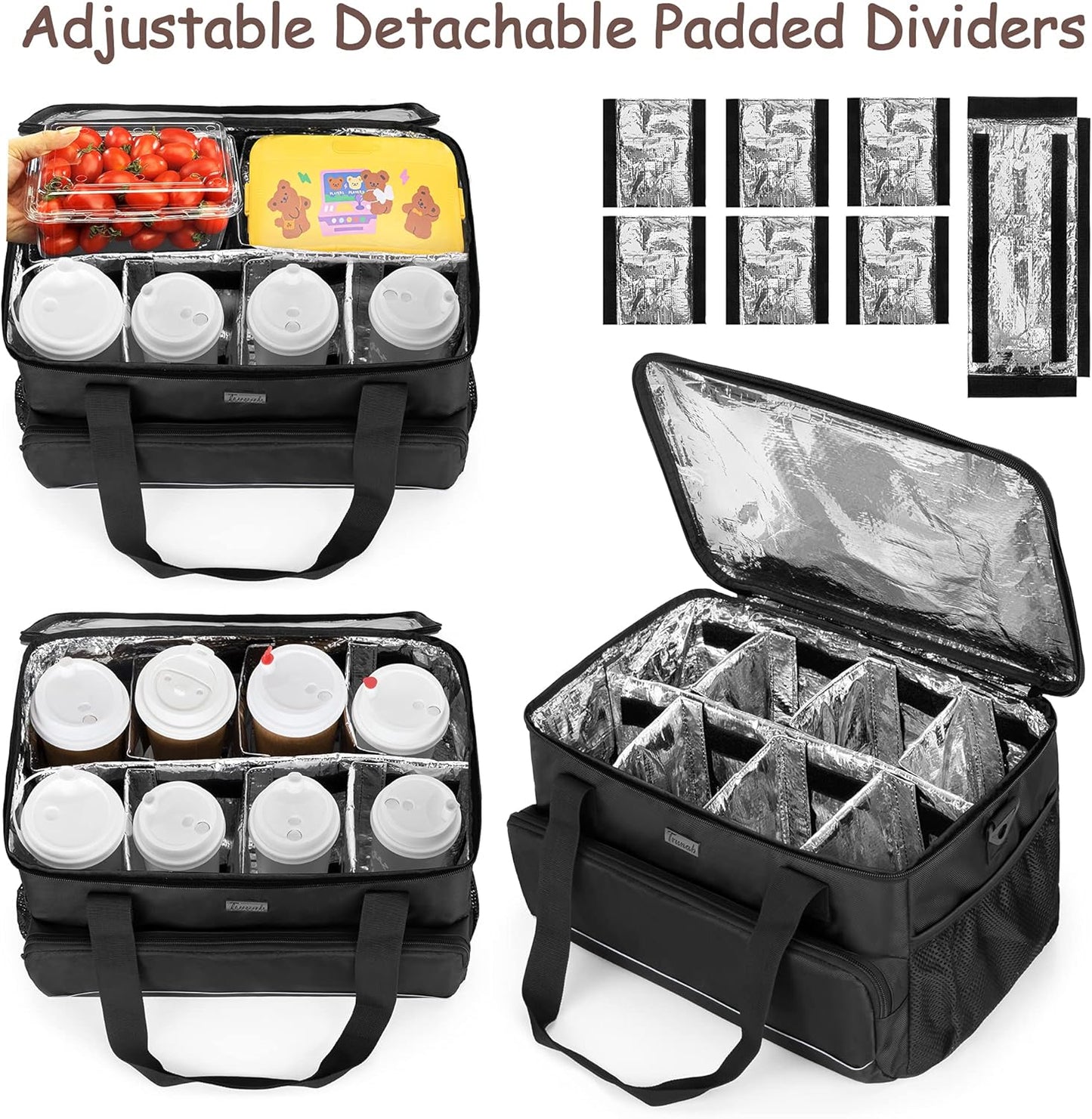 8-Cup Drink Carrier for Delivery Insulated Tote Bag, Black | Adjustable Dividers, Handle & Shoulder Strap,Reusable for Beverages,Food Take Out,Outdoors