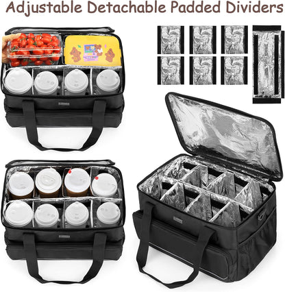 8-Cup Drink Carrier for Delivery Insulated Tote Bag, Black | Adjustable Dividers, Handle & Shoulder Strap,Reusable for Beverages,Food Take Out,Outdoors