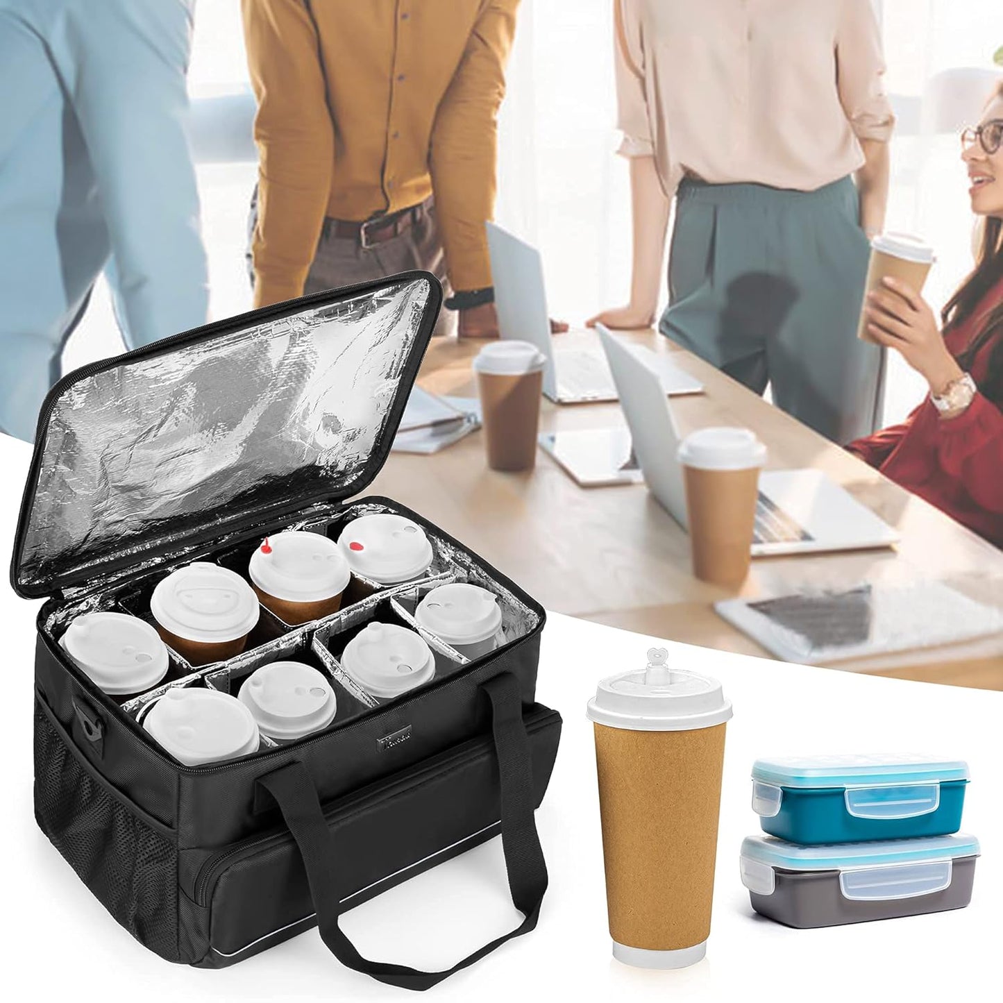 8-Cup Drink Carrier for Delivery Insulated Tote Bag, Black | Adjustable Dividers, Handle & Shoulder Strap,Reusable for Beverages,Food Take Out,Outdoors