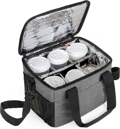 8-Cup Drink Carrier for Delivery Insulated Tote Bag, Black | Adjustable Dividers, Handle & Shoulder Strap,Reusable for Beverages,Food Take Out,Outdoors