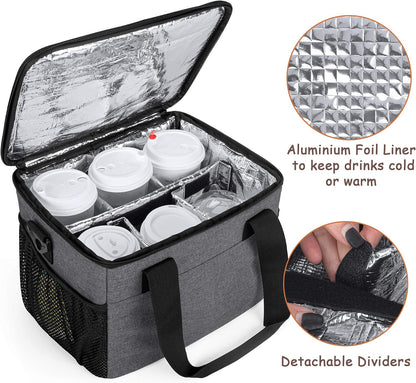 8-Cup Drink Carrier for Delivery Insulated Tote Bag, Black | Adjustable Dividers, Handle & Shoulder Strap,Reusable for Beverages,Food Take Out,Outdoors