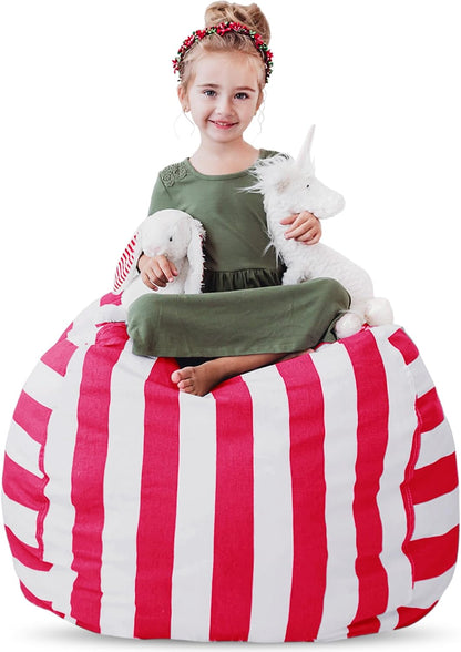 Stuffed Animal Storage Bean Bag Chair - X-Large, 38 in, Pink & White Stripe - Toy Storage Organizer & Stuffed Animal Organizer - Bag for Kids Room & Toy Organization