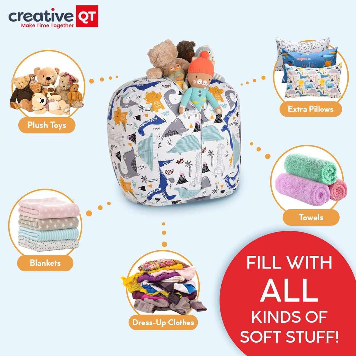 Stuffed Animal Storage Bean Bag Chair - X-Large, 38 in, Pink & White Stripe - Toy Storage Organizer & Stuffed Animal Organizer - Bag for Kids Room & Toy Organization