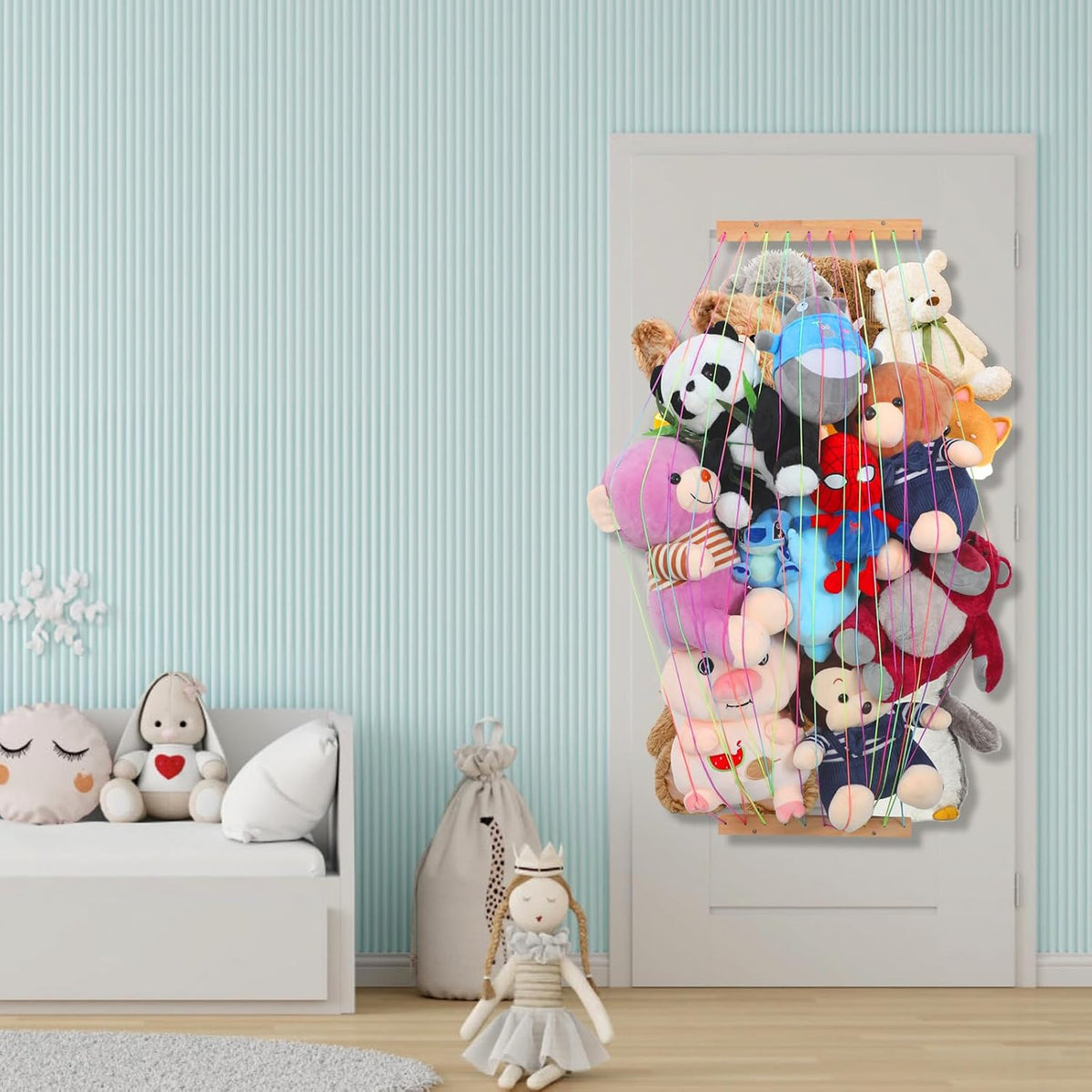 Stuffed Animal Storage Organizers,Plush Animals Holder,Hanging Plushie Zoo Hammock Net for Playroom Bedroom With Adjustable Length,Large,Upgraded (Natural Wood)