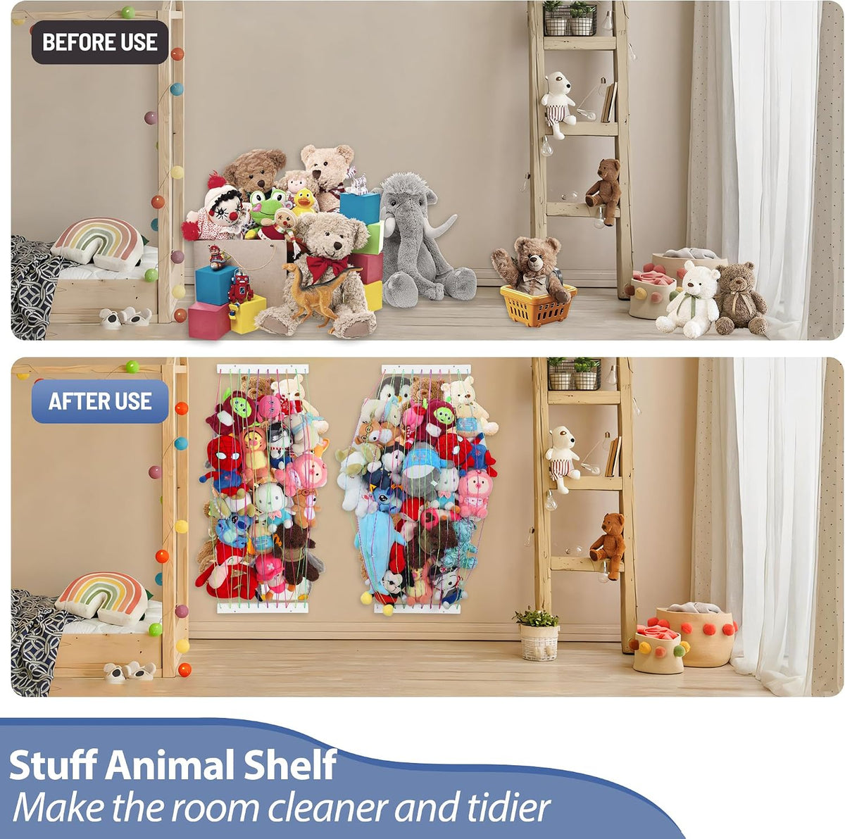 Stuffed Animal Storage Organizers,Plush Animals Holder,Hanging Plushie Zoo Hammock Net for Playroom Bedroom With Adjustable Length,Large,Upgraded (Natural Wood)