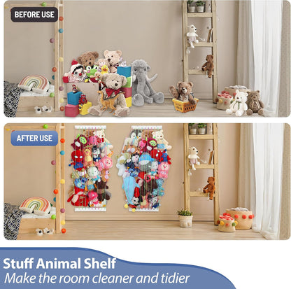Stuffed Animal Storage Organizers,Plush Animals Holder,Hanging Plushie Zoo Hammock Net for Playroom Bedroom With Adjustable Length,Large,Upgraded (Natural Wood)