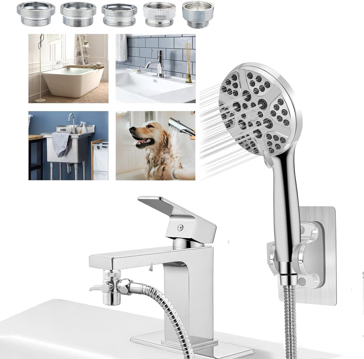 Bathtub Shower Head Sink-Faucet set，Tub faucet spayer attachment with 5 Adapters and 59" Hose for Pet Dog Rinse、 Baby Bath 、Hair washing, ON/OFF Extension for Tub, Utility Sink, Garden and Bathroom