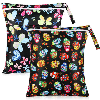 2 Pack Baby Cloth Diaper Wet/Dry Bags with Two Zippered Pockets, Travel, Beach, Pool, Gym Bag for Swimsuits or Wet Clothes, Waterproof Washable Reusable, P0709