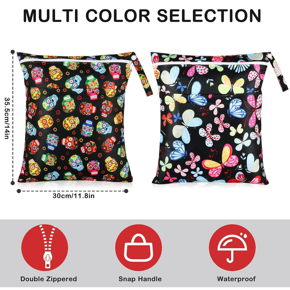 2 Pack Baby Cloth Diaper Wet/Dry Bags with Two Zippered Pockets, Travel, Beach, Pool, Gym Bag for Swimsuits or Wet Clothes, Waterproof Washable Reusable, P0709