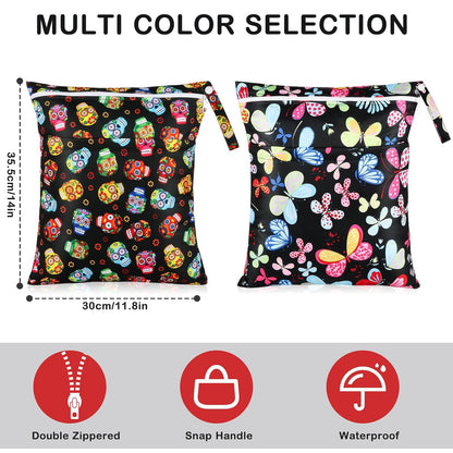2 Pack Baby Cloth Diaper Wet/Dry Bags with Two Zippered Pockets, Travel, Beach, Pool, Gym Bag for Swimsuits or Wet Clothes, Waterproof Washable Reusable, P0709