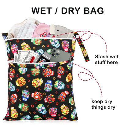 2 Pack Baby Cloth Diaper Wet/Dry Bags with Two Zippered Pockets, Travel, Beach, Pool, Gym Bag for Swimsuits or Wet Clothes, Waterproof Washable Reusable, P0709