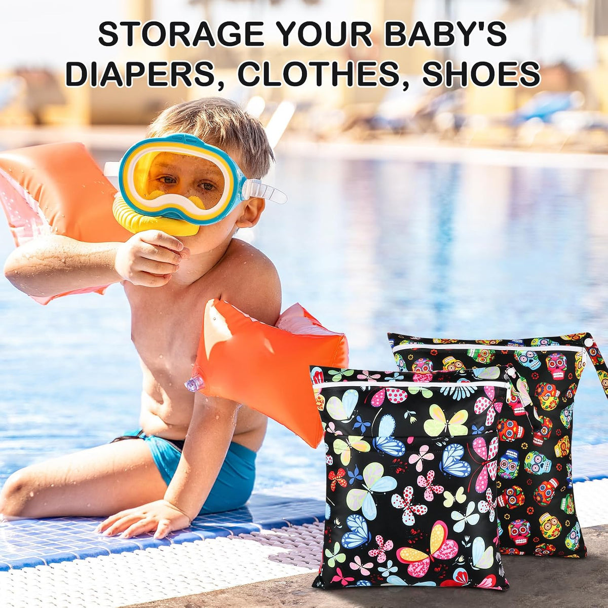 2 Pack Baby Cloth Diaper Wet/Dry Bags with Two Zippered Pockets, Travel, Beach, Pool, Gym Bag for Swimsuits or Wet Clothes, Waterproof Washable Reusable, P0709