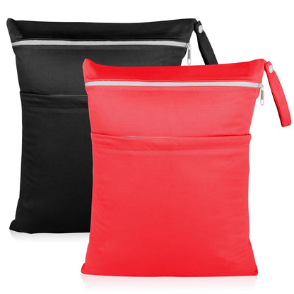 2 Pack Baby Cloth Diaper Wet/Dry Bags with Two Zippered Pockets, Travel, Beach, Pool, Gym Bag for Swimsuits or Wet Clothes, Waterproof Washable Reusable, P0709