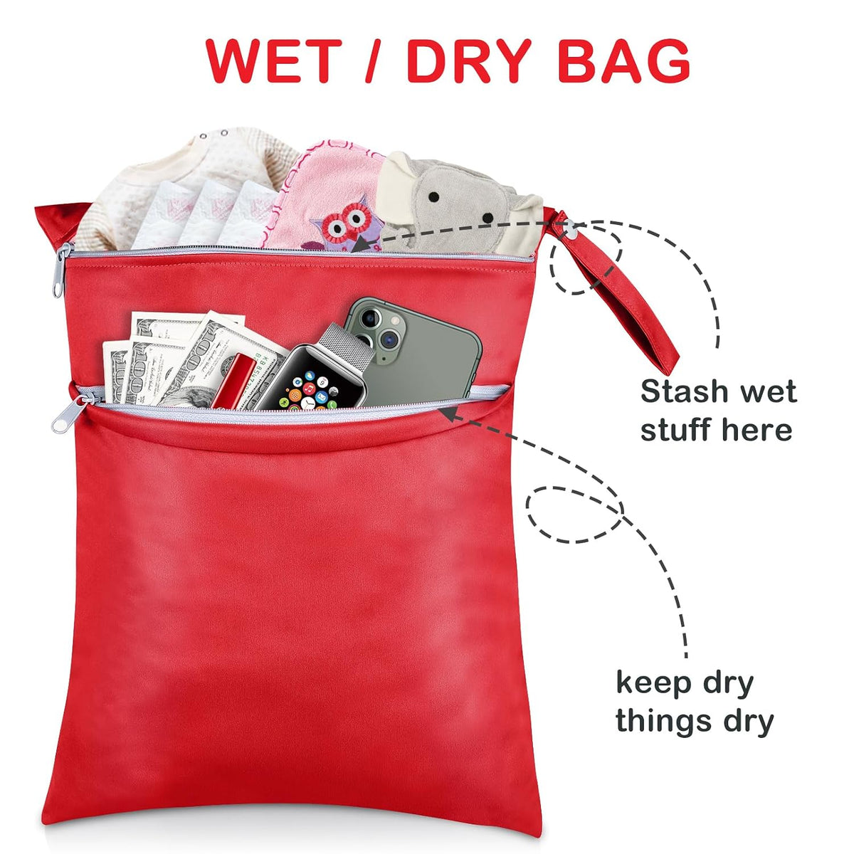 2 Pack Baby Cloth Diaper Wet/Dry Bags with Two Zippered Pockets, Travel, Beach, Pool, Gym Bag for Swimsuits or Wet Clothes, Waterproof Washable Reusable, P0709