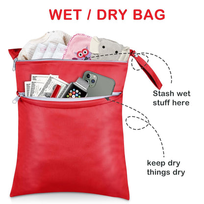 2 Pack Baby Cloth Diaper Wet/Dry Bags with Two Zippered Pockets, Travel, Beach, Pool, Gym Bag for Swimsuits or Wet Clothes, Waterproof Washable Reusable, P0709