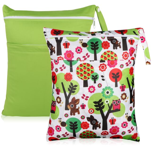 2 Pack Baby Cloth Diaper Wet/Dry Bags with Two Zippered Pockets, Travel, Beach, Pool, Gym Bag for Swimsuits or Wet Clothes, Waterproof Washable Reusable, P0709