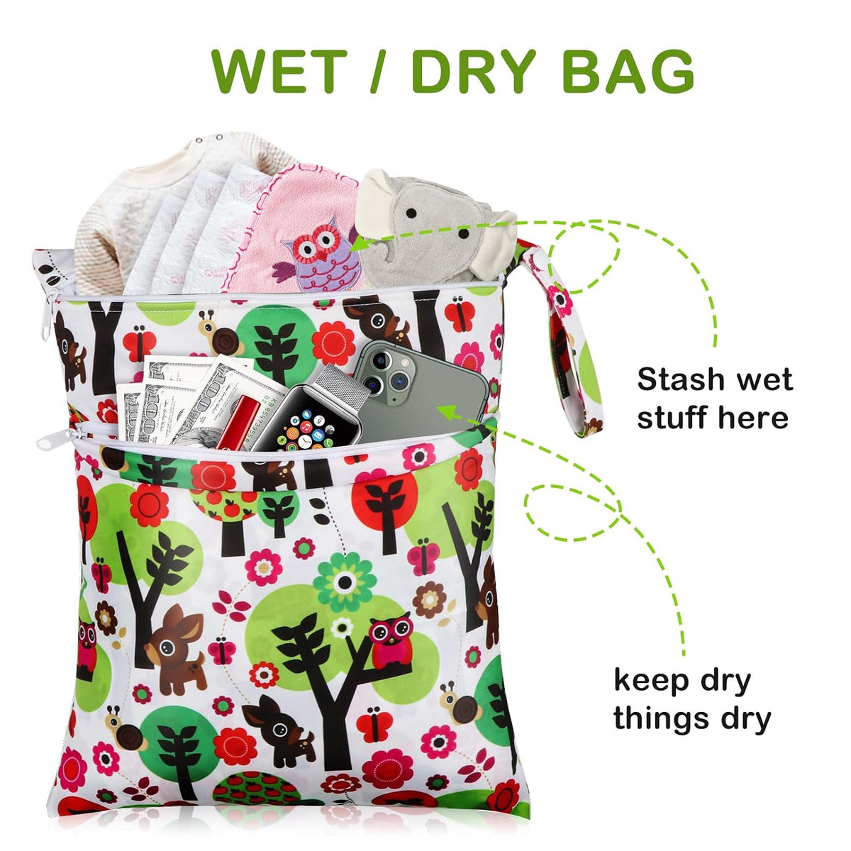 2 Pack Baby Cloth Diaper Wet/Dry Bags with Two Zippered Pockets, Travel, Beach, Pool, Gym Bag for Swimsuits or Wet Clothes, Waterproof Washable Reusable, P0709