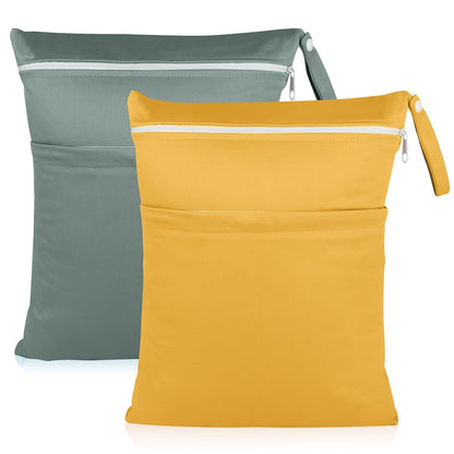 2 Pack Baby Cloth Diaper Wet/Dry Bags with Two Zippered Pockets, Travel, Beach, Pool, Gym Bag for Swimsuits or Wet Clothes, Waterproof Washable Reusable, P0709