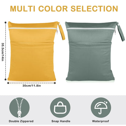 2 Pack Baby Cloth Diaper Wet/Dry Bags with Two Zippered Pockets, Travel, Beach, Pool, Gym Bag for Swimsuits or Wet Clothes, Waterproof Washable Reusable, P0709