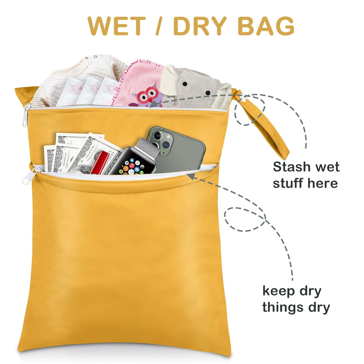 2 Pack Baby Cloth Diaper Wet/Dry Bags with Two Zippered Pockets, Travel, Beach, Pool, Gym Bag for Swimsuits or Wet Clothes, Waterproof Washable Reusable, P0709